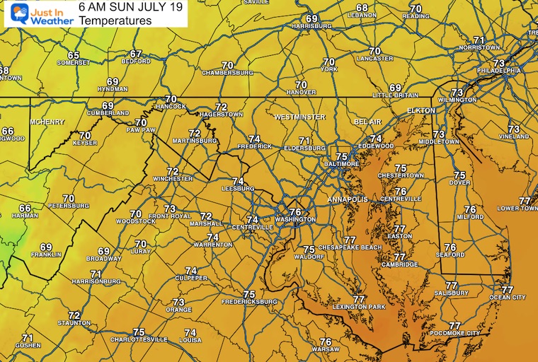 July 18 weather forecast temperatures Sunday morning