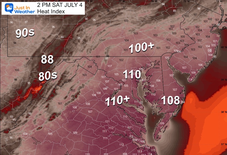 July 3 weather heat index Saturday afternoon