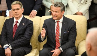 Secretary of Defense Pete Hegseth, right, spoke alongside Secretary of the Treasury Scott Bessent as President Trump met with President Joseph Aoun of Lebanon in the Oval Office on Tuesday.