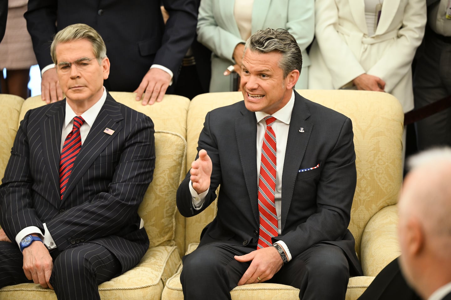 Secretary of Defense Pete Hegseth, right, spoke alongside Secretary of the Treasury Scott Bessent as President Trump met with President Joseph Aoun of Lebanon in the Oval Office on Tuesday.