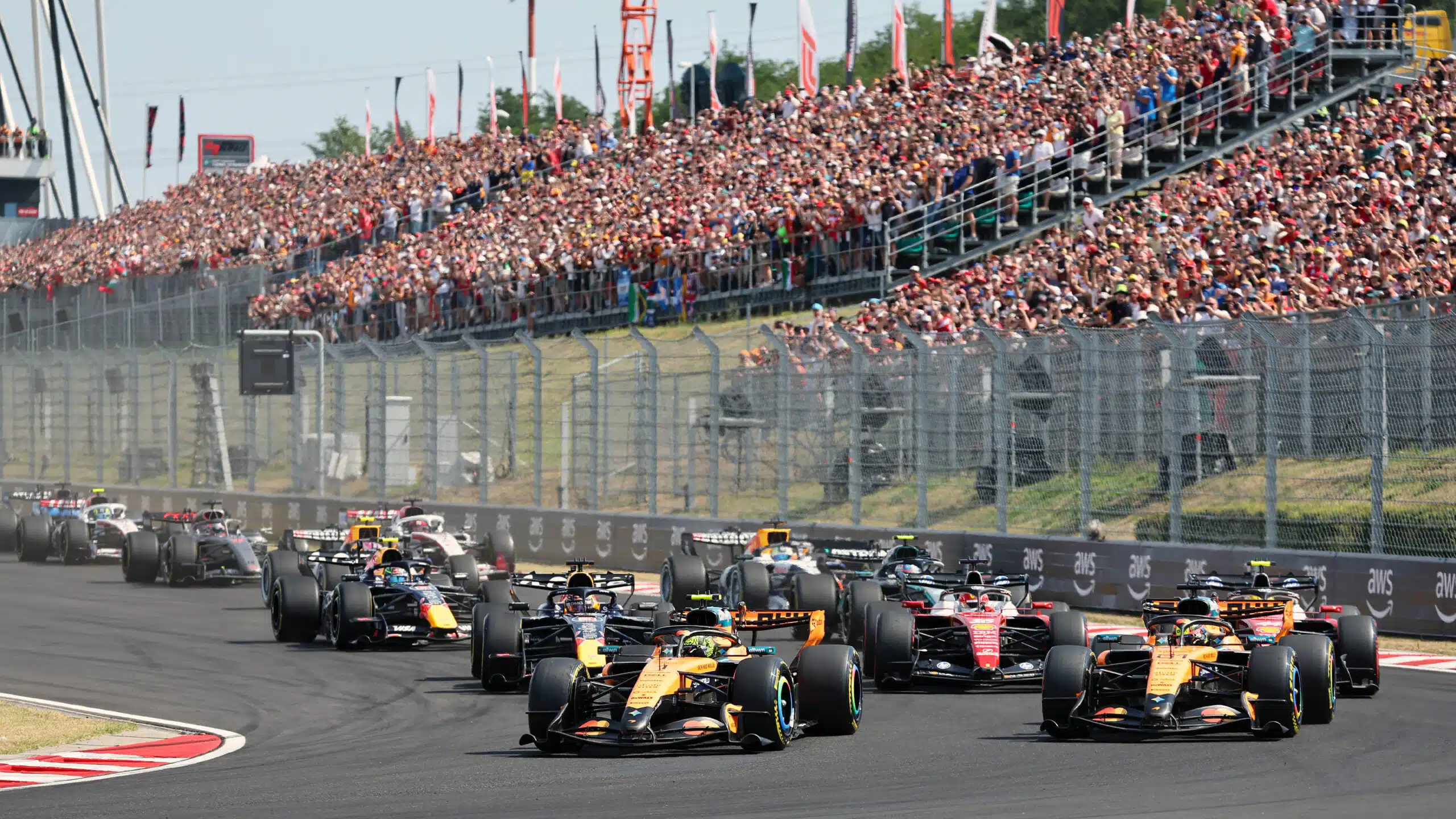 Lando Norris leads at the start of the 2026 F1 Hungarian GP