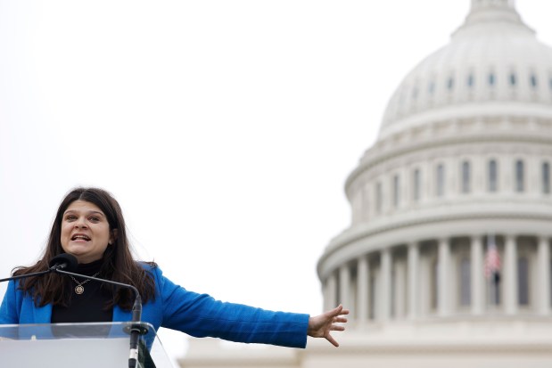 U.S. Rep. Haley Stevens (D-MI) speaks at a National Breast Cancer Coalition rally outside the U.S. Capitol on May 6, 2025, in Washington, DC. Breast cancer survivors and advocates rallied to preserve research funding and protect Medicaid. (Photo by Kevin Dietsch/Getty Images)