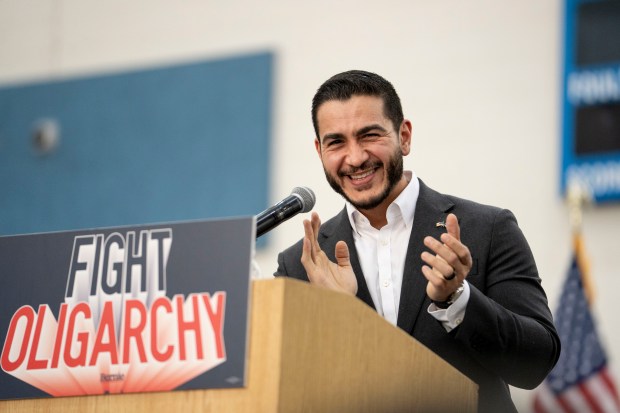 Abdul El-Sayed, candidate for U.S. Senate in Michigan, speaks before U.S. Sen. Bernie Sanders (I-VT) takes the stage at Mumford High School on May 3, 2026, in Detroit, Michigan. Sanders is visiting the Midwest on his Fighting Oligarchy: Where We Go From Here tour. (Photo by Sarah Rice/Getty Images)