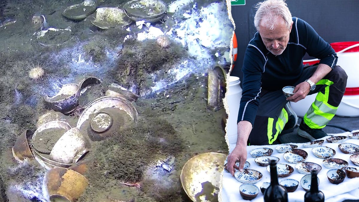 Split image of porcelain shipwreck, man assessing artifacts