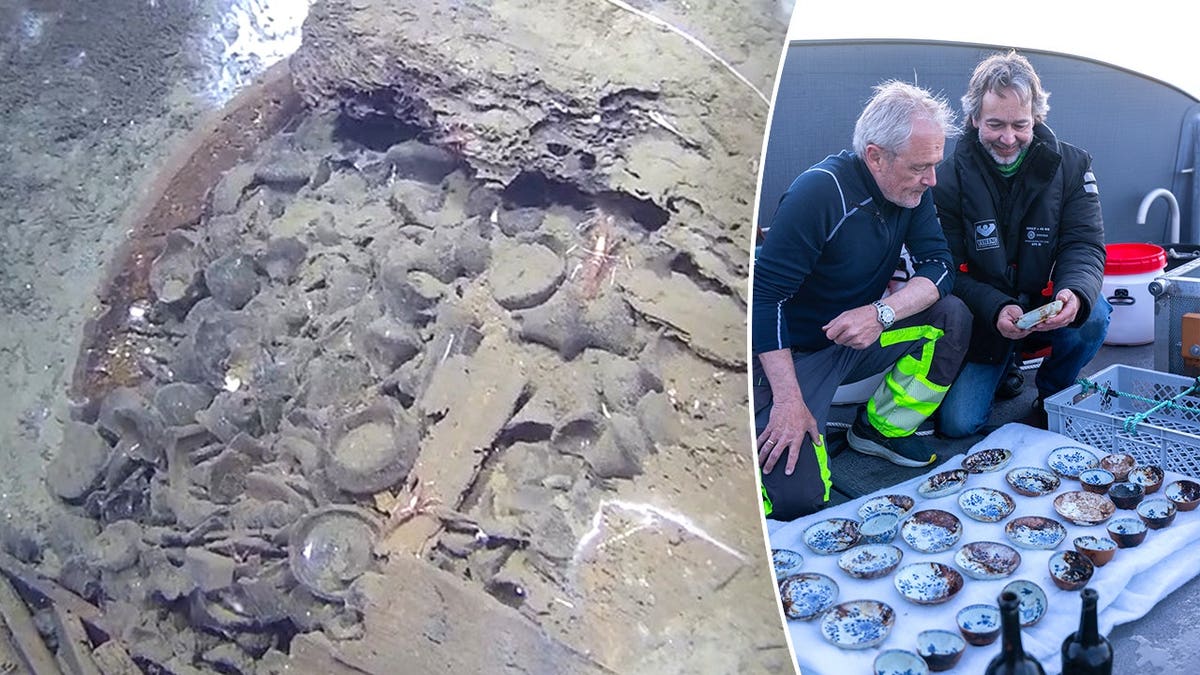 Split image of shipwreck, divers looking at artifacts