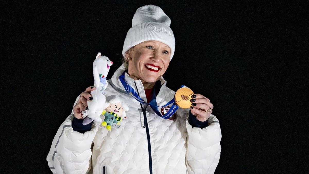 Kaillie Humphries of Team USA celebrates during the Women's Monobob medal ceremony at the 2026 Winter Olympics.