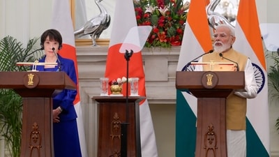 Prime Minister Narendra Modi and Japanese Prime Minister Sanae Takaichi during the joint press statements following their bilateral meeting at Hyderabad House in New Delhi, India. (RAJ K RAJ /HT PHOTO)