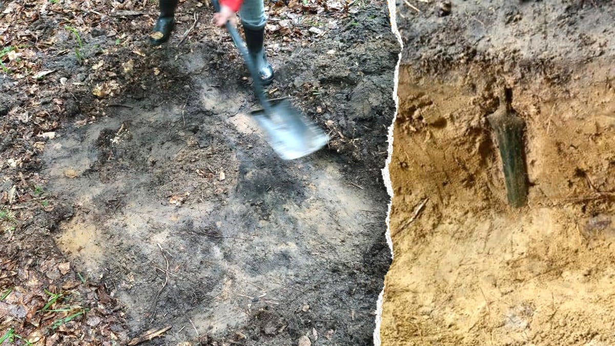 Split image of archaeologist digging trench, upright sword in forest
