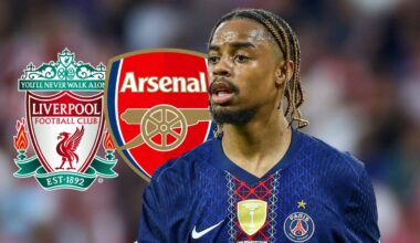 PSG star Bradley Barcola next to the badges of Liverpool and Arsenal