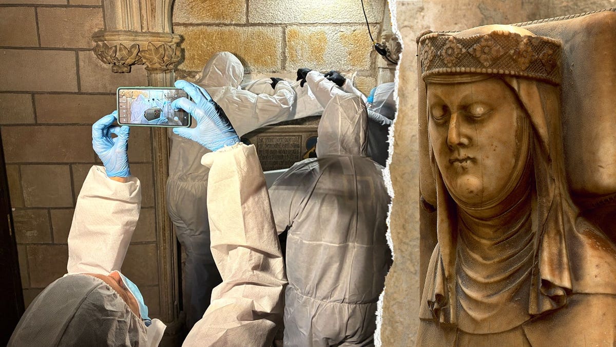 Split image of researchers outside unknown tomb, depiction of Queen Elisenda