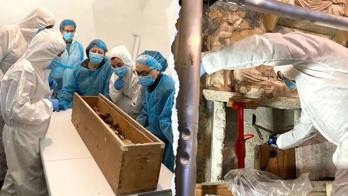 Split image of researchers analyzing remains, burials at monastery