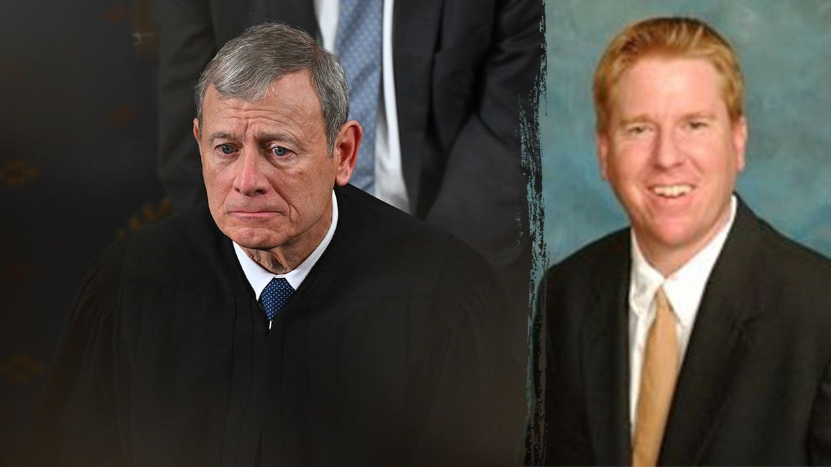 A split image of United States Supreme Court Chief Justice John Roberts and Hawaii Supreme Court Justice Todd Eddins