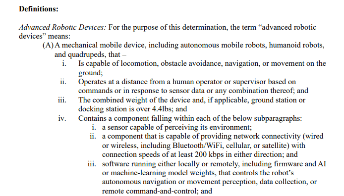 How the government defines the “advanced robotic devices” that will be banned from import.