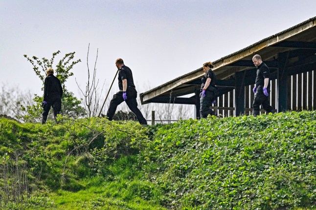Police search the farm outbuildings - View of Mosley Hall Farm, Whaley Bridge, Derbyshire, where a farmer (Robert Lomas) is being questioned by Derbyshire Police for the attempted murder of a burglar to his property and wounding of another burglar. - Pic Bruce Adams / Copy Leonard - 2/5/24