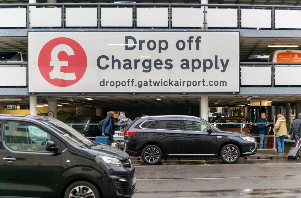 Drop Off Charges Apply sign at North Terminal, London Gatwick airport, England, UK. (Photo by: Geography Photos/Universal Images Group via Getty Images)