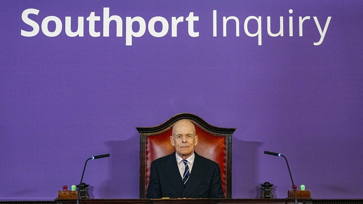 Chair Sir Adrian Fulford sitting inside the hearing room at Liverpool Town Hall, Liverpool, ahead of the start of the inquiry into the knife attack by Axel Rudakubana who murdered Alice da Silva Aguiar, nine, Bebe King, six, and Elsie Dot Stancombe, seven, at a Taylor Swift-themed dance class in Southport on July 29 last year. Picture date: Monday July 7, 2025. PA Photo. Photo credit should read: Peter Byrne/PA Wire