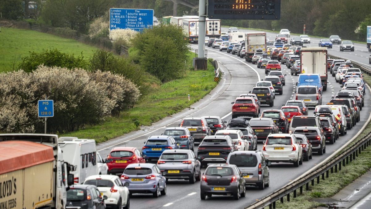 Traffic queues approaching the Almondsbury Interchange on the M5 Motorway in South Gloucestershire. Millions of drivers are embarking on Easter getaway trips despite the soaring cost of fuel. Picture date: Friday April 3, 2026. PA Photo. Photo credit should read: Ben Birchall/PA Wire