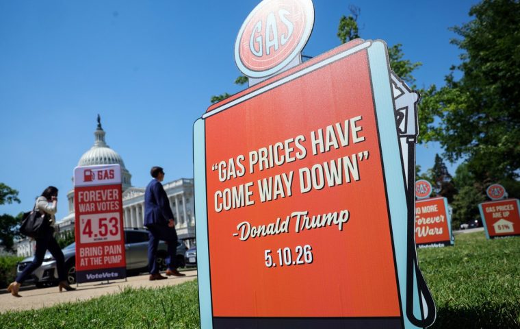 WASHINGTON, DC - MAY 20: Signs protesting the Iran war and its impact on gas prices are seen during a protest organized by VoteVets outside of the U.S. Capitol on May 20, 2026 in Washington, DC. Democratic lawmakers joined the group to speak out against the Iran war and the need for Congress to pass a war powers resolution to limit President Trump. (Photo by Kevin Dietsch/Getty Images)