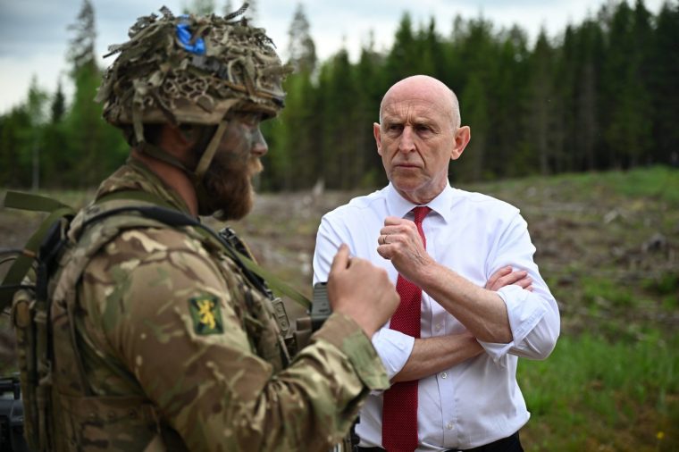 ESTONIA - MAY 21: UK Defence Secretary John Healey speaks with members of the allied forces as they participate in exercise Spring Storm on May 21, 2026 near Voru, Southern Estonia. During his one-day trip to Estonia, UK Defence Secretary John Healey is meeting with his Estonian counterpart, Hanno Pevkur, before attending a briefing on Exercise Spring Storm 2026. Members of the UK Armed Forces are participating in the twentieth edition of the international exercise led by Estonian Defence Forces, which runs from May 4 to June 1. (Photo by Leon Neal/Getty Images)