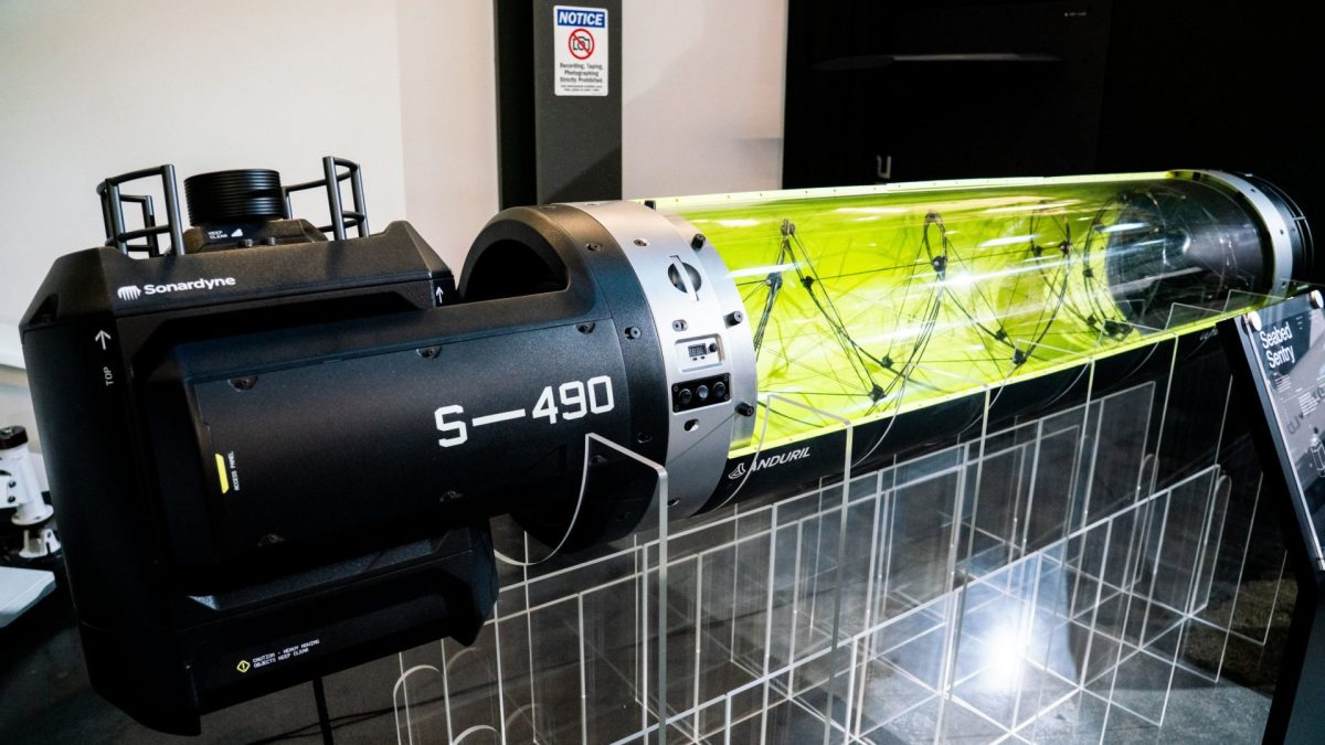 Anduril's Seabed Sentry submarine at Anduril's headquarters in Costa Mesa, California, US, on Friday, Oct. 10, 2025. The supply chain for US defense manufacturing is too reliant on China, Anduril Industries Inc. founder Palmer Luckey said on Friday, shortly after new tariff threats by US President Donald Trump sent the markets skittering. Photographer: Kyle Grillot/Bloomberg via Getty Images