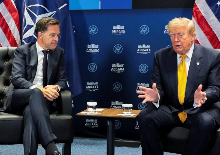 U.S. President Donald Trump and NATO Secretary General Mark Rutte hold a bilateral meeting on the sidelines of the NATO leaders summit at the Bestepe Presidential Compound in Ankara, Turkey, July 8, 2026. REUTERS/Jonathan Ernst