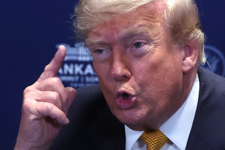 US President Donald Trump gestures as he meets with NATO Secretary General on the sidelines of the NATO summit in Ankara, on July 8, 2026. The summit comes at a fraught time for the 77-year-old transatlantic alliance, with the US President demanding members make good on a pledge to ramp up defence spending as Washington takes a step back from Europe. (Photo by Filip SINGER / POOL / AFP via Getty Images)