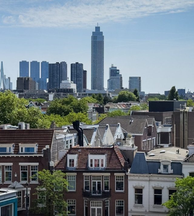 ROTTERDAM, NETHERLANDS - MAY 30: City view from the rooftops as visitors walk from roof to roof, exploring 12 interconnected rooftops via stairs and bridges and enjoying views of the city in Rotterdam, Netherlands, on May 30, 2026. The Rotterdam Rooftop Days Foundation has organized the 11th edition of the ??Rotterdam Rooftop Days???? event. The flat rooftops of 42 buildings in the city center were opened to the public. (Photo by Abdullah Asiran/Anadolu via Getty Images)