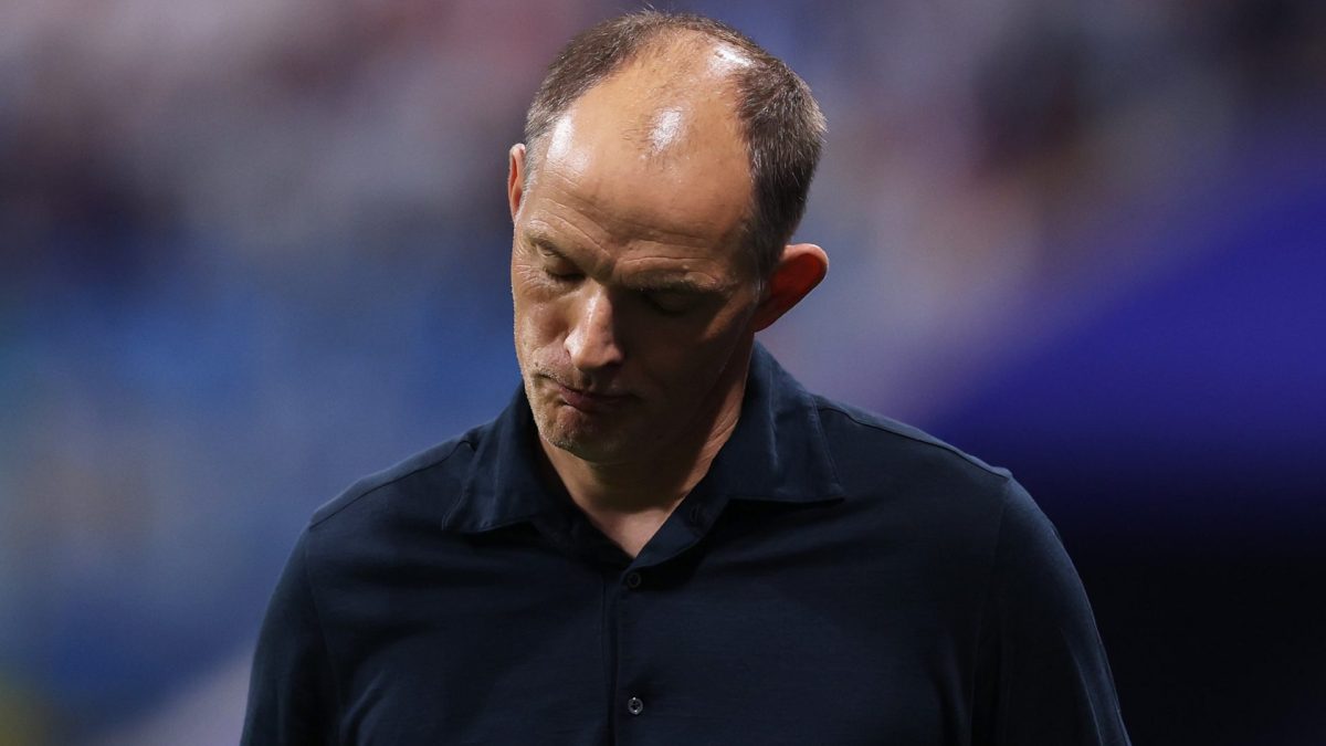 ATLANTA, GEORGIA - JULY 15: Thomas Tuchel, Manager of England, reacts during the FIFA World Cup 2026 Semi Final match between England and Argentina at Atlanta Stadium on July 15, 2026 in Atlanta, Georgia. (Photo by Ryan Pierse - FIFA/FIFA via Getty Images)