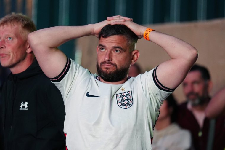 England fans look dejected following a screening of the FIFA World Cup 2026 semi-final match between England and Argentina at the World Cup Fan Zone in Times Square, Newcastle Upon Tyne. Picture date: Wednesday July 15, 2026. PA Photo. Photo credit should read: Owen Humphreys/PA Wire. RESTRICTIONS: Use subject to restrictions. Editorial use only, no commercial use without prior consent from rights holder.