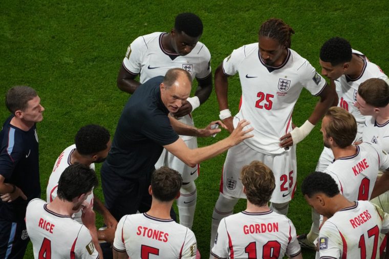 ATLANTA, GEORGIA - JULY 15: Thomas Tuchel, coach of England looks on when hydration break of first half during the FIFA World Cup 2026 Semi Final match between England and Argentina at Atlanta Stadium on July 15, 2026 in Atlanta, Georgia. (Photo by Masashi Hara/Getty Images)