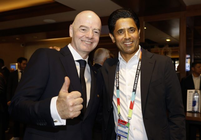 EAST RUTHERFORD, NEW JERSEY - JULY 19: FIFA President Gianni Infantino and Nasser Al-Khelaifi pose before the FIFA World Cup 2026 Final match between Spain and Argentina at New York New Jersey Stadium on July 19, 2026 in East Rutherford, New Jersey. (Photo by Eva Marie Uzcategui - FIFA/FIFA via Getty Images)