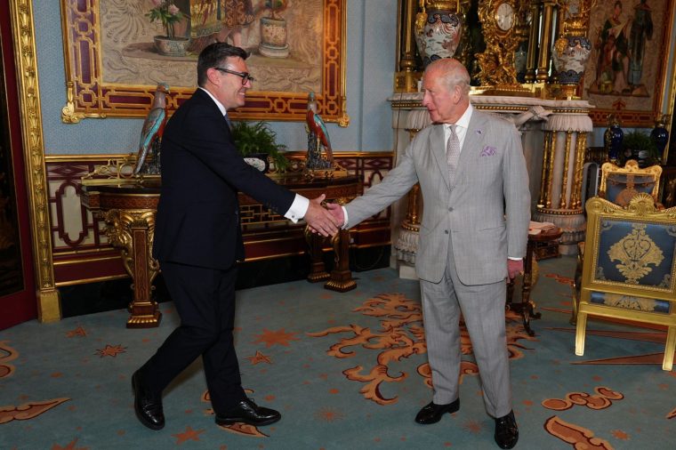 King Charles III welcomes Andy Burnham, during an audience at Buckingham Palace, London, where he invited the leader of the Labour Party to become Prime Minister and form a new government. Picture date: Monday July 20, 2026. PA Photo. Photo credit should read: Aaron Chown/PA Wire