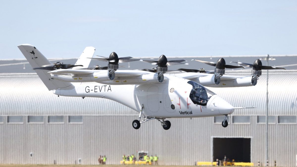 Vertical Aerospace's electric VTOL aircraft, VA-1X is flown on the opening day of the Farnborough International Airshow 2026 in in Farnborough, south-west of London, on July 20, 2026. (Photo by Toby Shepheard / AFP via Getty Images)