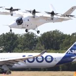 Vertical Aerospace's electric VTOL aircraft, VA-1X is flown on the opening day of the Farnborough International Airshow 2026 in in Farnborough, south-west of London, on July 20, 2026. (Photo by Toby Shepheard / AFP via Getty Images)