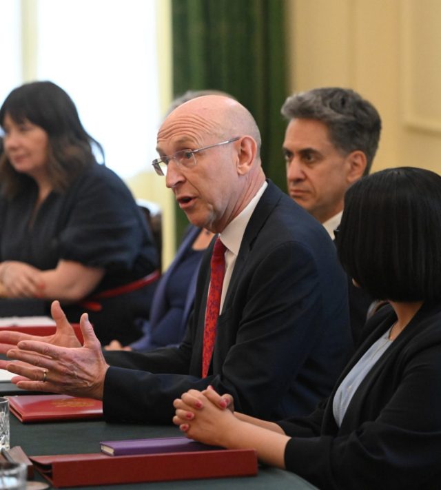 Britain's Chancellor of the Exchequer John Healey, center, attends the first cabinet meeting held by Prime Minister Andy Burnham at 10 Downing Street, London, Tuesday July 21, 2026. (Eddie Mulholland/Pool Photo via AP)