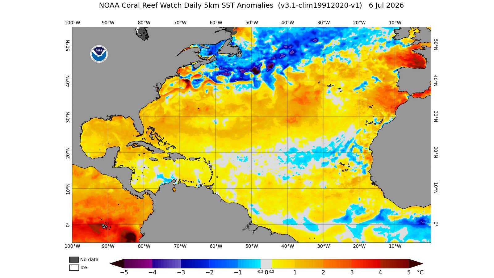Atlantic Ocean sea surface temperature anomalies early July 2026
