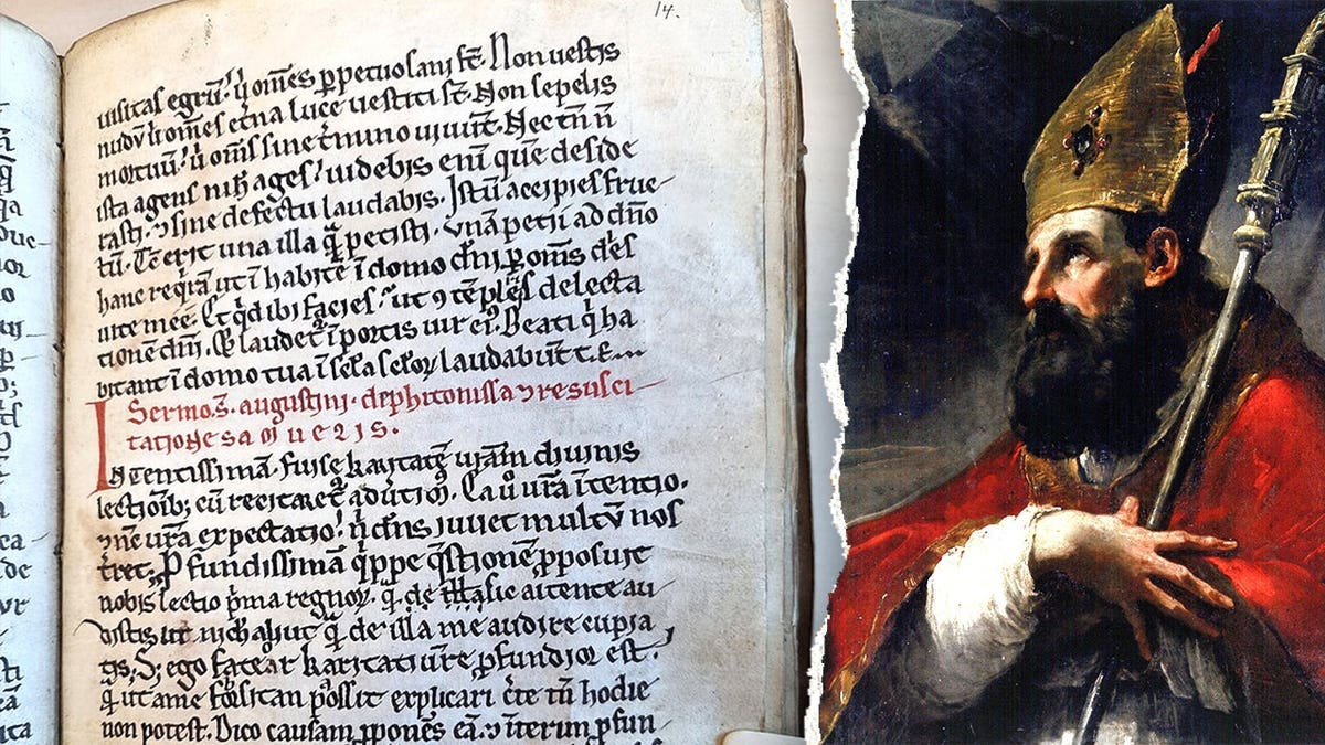 Split image of St Augustine next to medieval manuscript