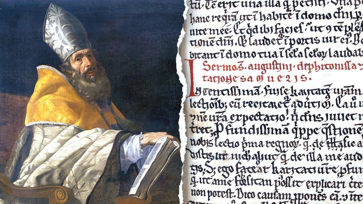 Painting of St Augustine next to medieval manuscript