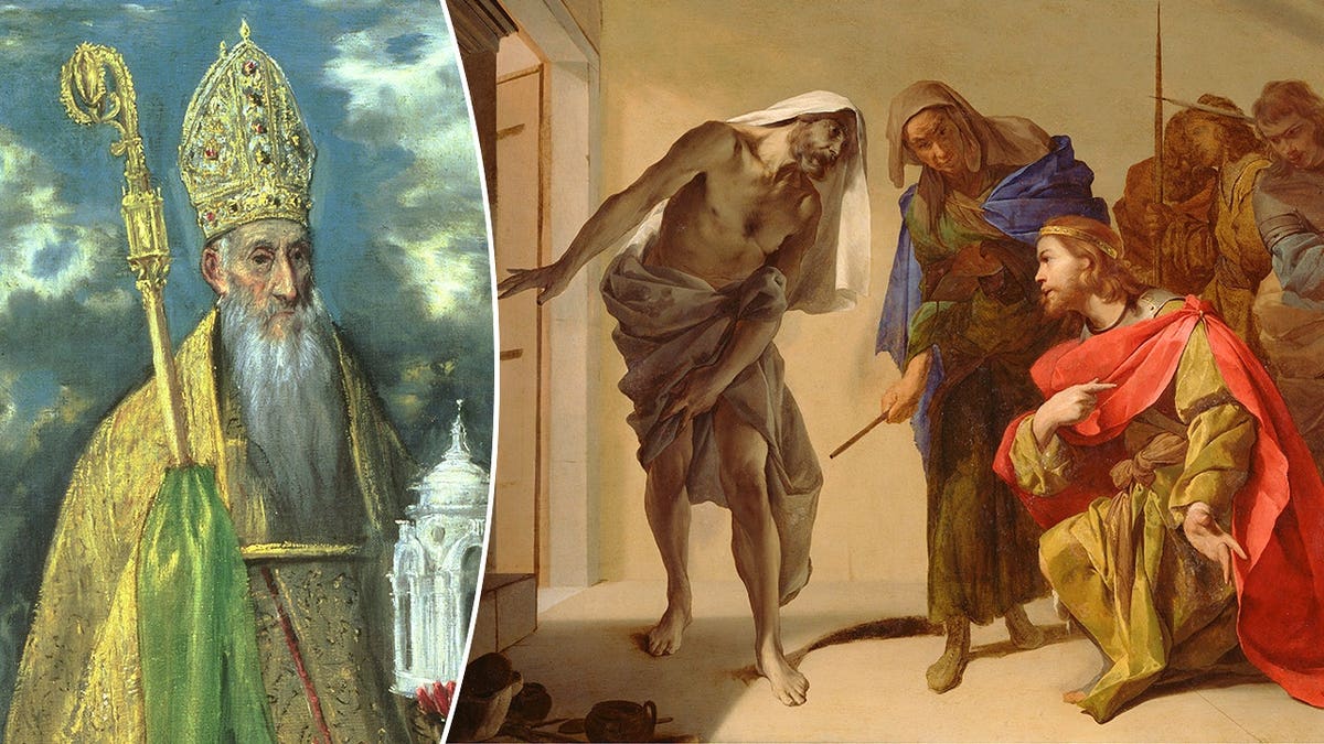 Painting of St Augustine next to King Saul scene with Samuel, witch