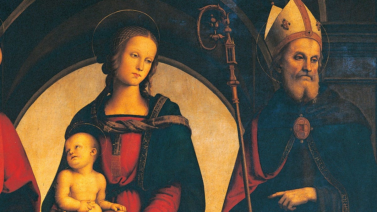 Painting of St Augustine next to Virgin Mother and Child