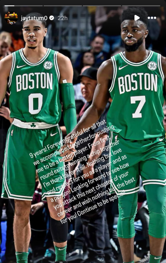 Jayson Tatum's Instagram post honoring a teammate with a long, heartfelt message overlaid on a photo of them together in Boston Celtics jerseys.
