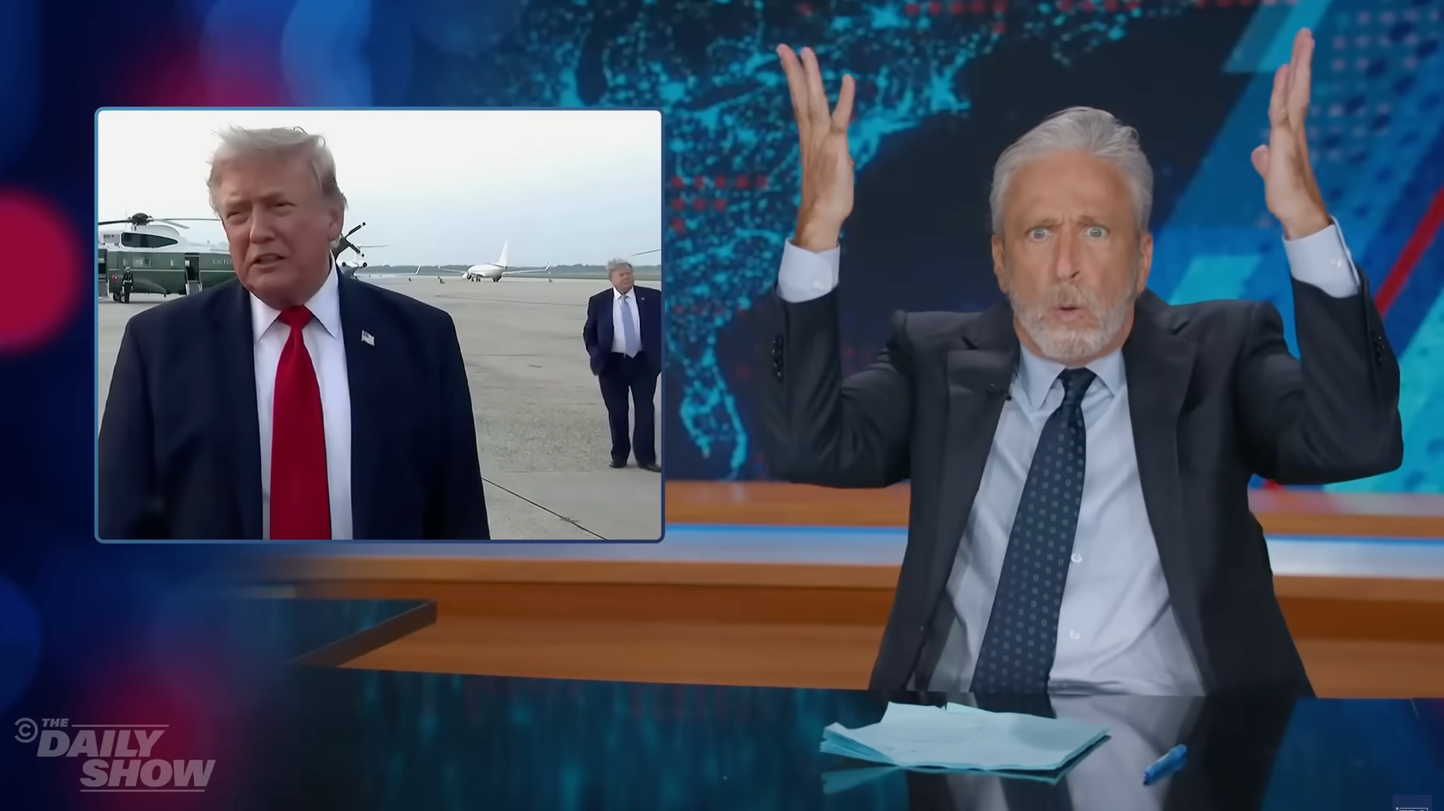 Jon Stewart joked about a mysterious lookalike seen standing near President Donald Trump after the World Cup final on Sunday