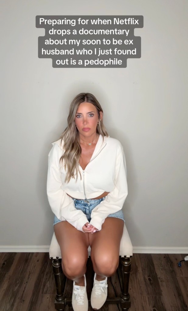 A woman looking serious, preparing for a Netflix documentary about her soon-to-be ex-husband who is a pedophile.