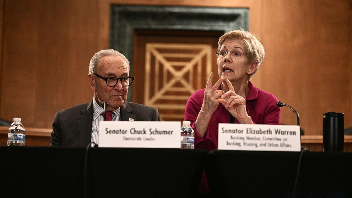 Chuck Schumer and Elizabeth Warren sit at a roundtable in Washington, D.C.