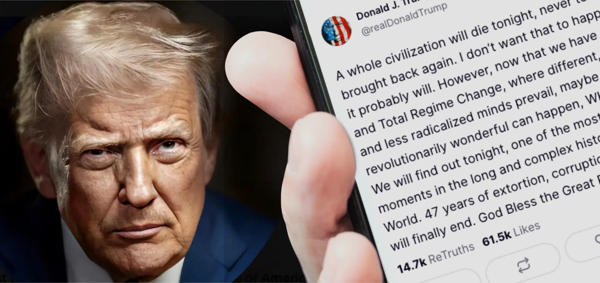 Donald Trump's face is pictured next to a smartphone displaying one of his social media posts.