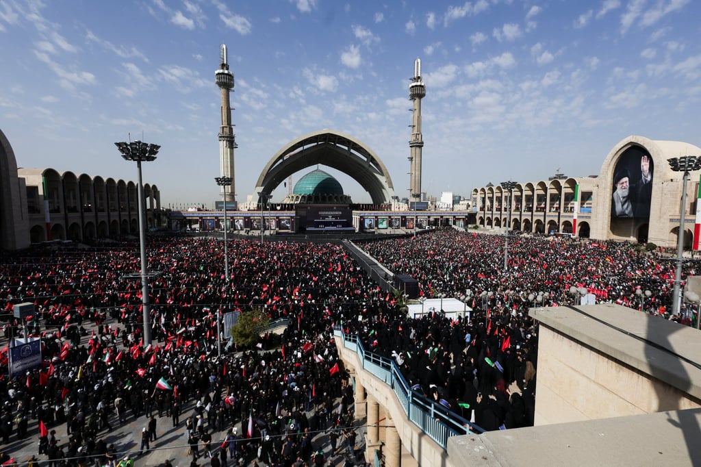 People attend a public farewell ceremony to pay their respects to Iran’s late supreme leader Ali Khamenei in Tehran, Iran on Saturday. Photo: Reuters