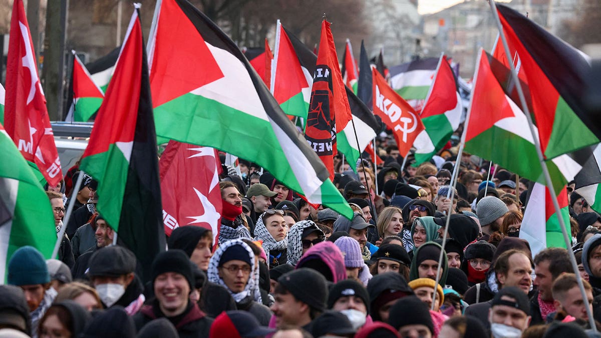 Protesters attend a pro-Palestinian demonstration in Leipzig