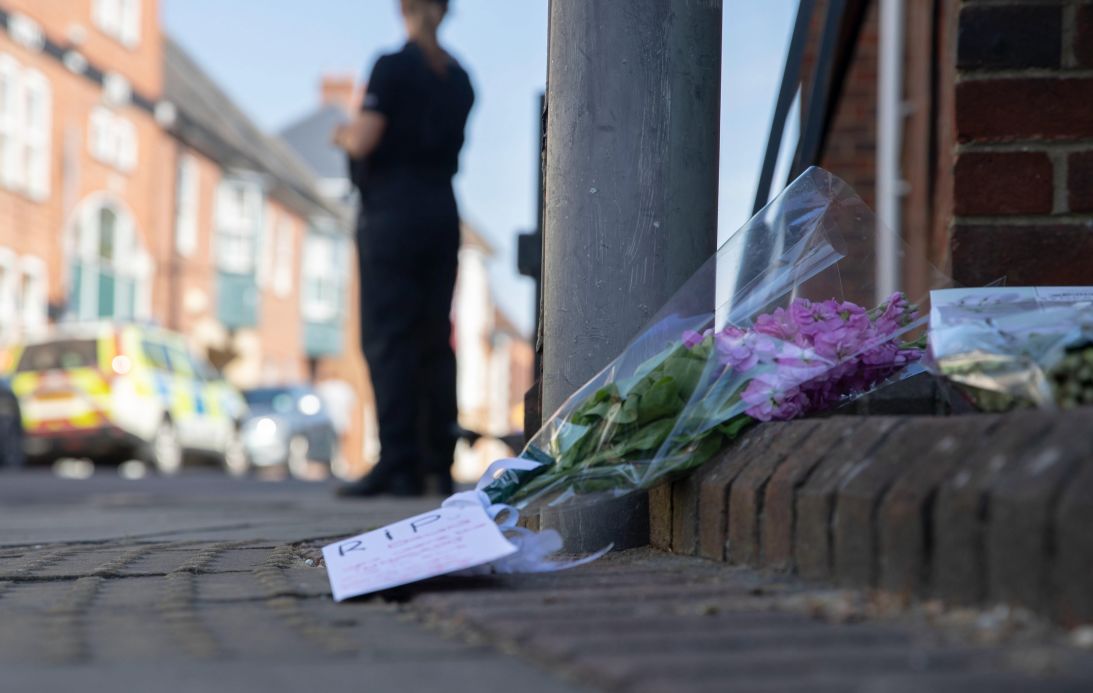 Flowers are placed on Rollestone Street in Salisbury, England, on July 9, 2018, as counterterrorism officers investigate Dawn Sturgess' death following her exposure to the Novichok nerve agent.