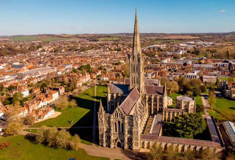 An aerial view of picturesque Salisbury, England.