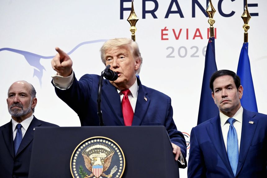 US President Donald Trump holds a press conference after the G7 summit in France, on June 17.